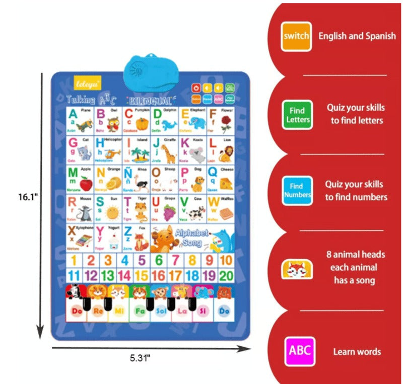 2025 New Talking Wall Chart for Kids – English & Spanish Learning Poster with Songs, ABCs, Numbers, Animal words & Piano