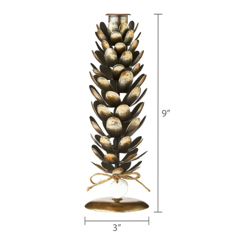 Pinecone Decorated Christmas Taper Candle Holder