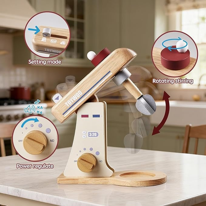 Wooden Toy Mixer for Kids Play Kitchen Accessories Wooden Play Food Sets with Whisk