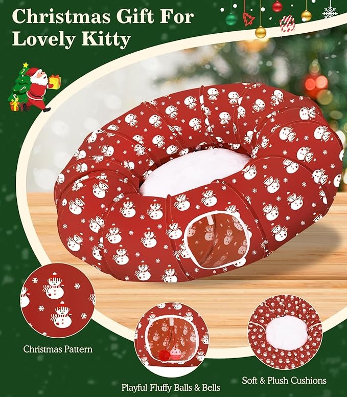 Cat Tunnel Bed Under Christmas Tree, 35.4'' Christmas Cat Toy Circle Tunnel with Ball