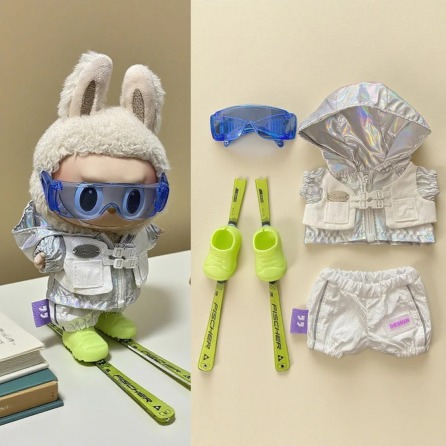 Labubu doll ski suit set, including goggles, jacket and skis.