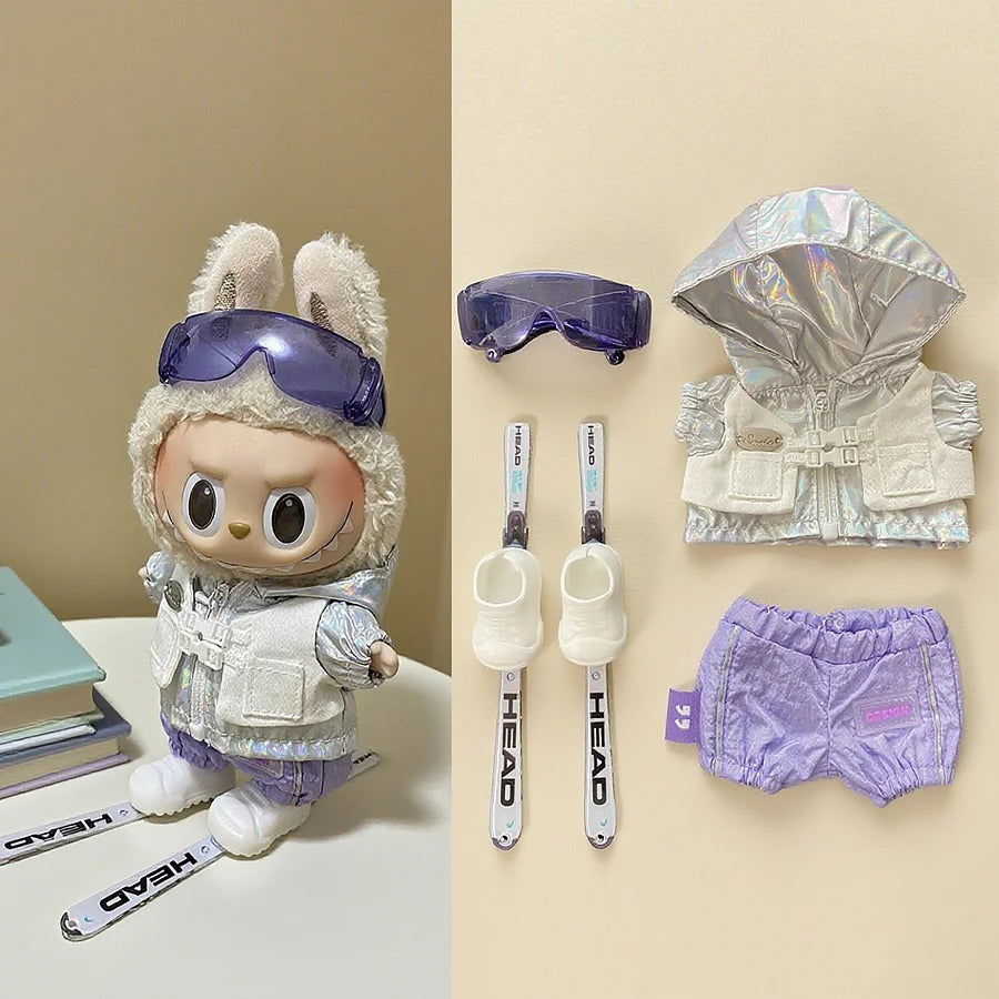 Labubu doll ski suit set, including goggles, jacket and skis.