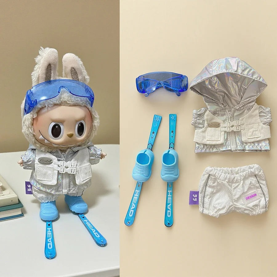 Labubu doll ski suit set, including goggles, jacket and skis.