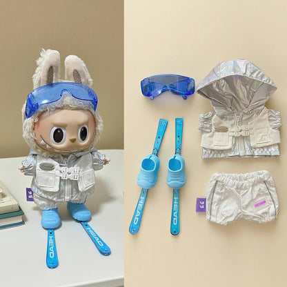 Labubu doll ski suit set, including goggles, jacket and skis.