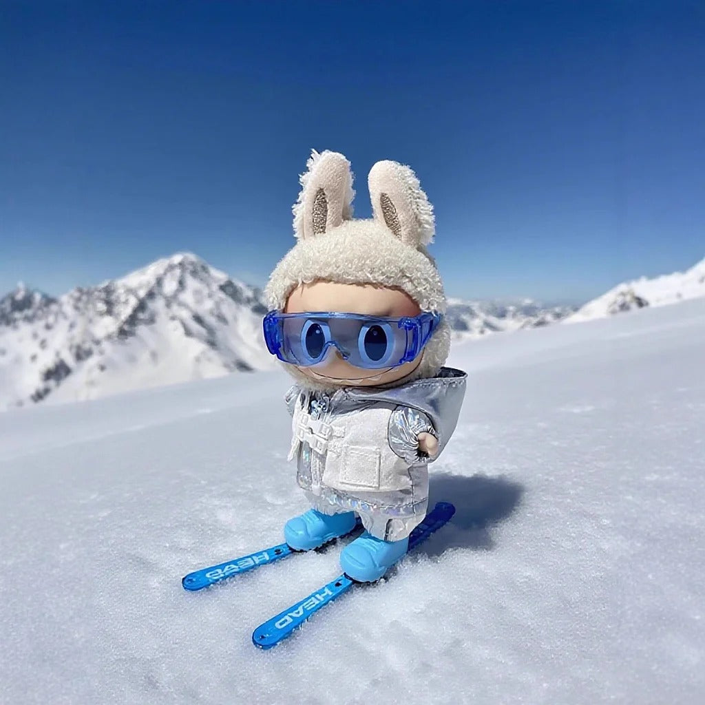 Labubu doll ski suit set, including goggles, jacket and skis.