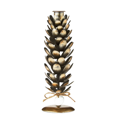 Pinecone Decorated Christmas Taper Candle Holder