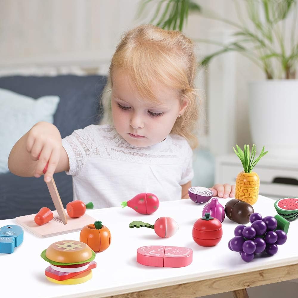 Wooden Play Food Toy, Kids Wood Cutting Magnetic Fruit Vegetables