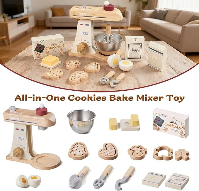 Wooden Toy Mixer for Kids Play Kitchen Accessories Wooden Play Food Sets with Whisk