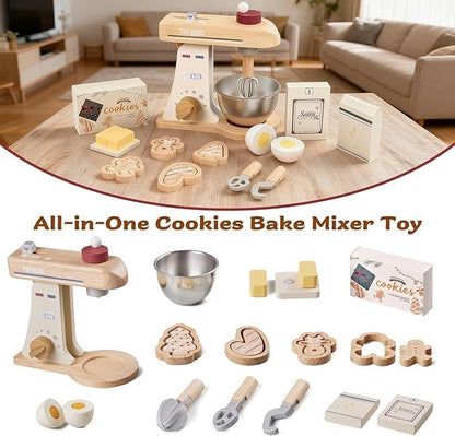 Wooden Toy Mixer for Kids Play Kitchen Accessories Wooden Play Food Sets with Whisk