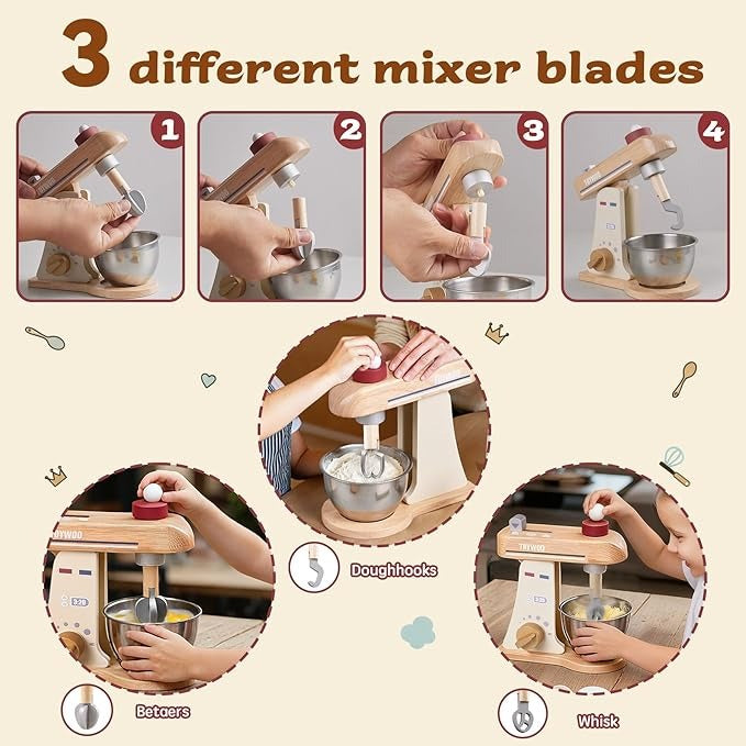 Wooden Toy Mixer for Kids Play Kitchen Accessories Wooden Play Food Sets with Whisk