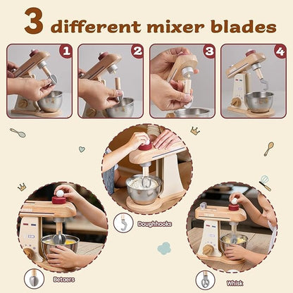 Wooden Toy Mixer for Kids Play Kitchen Accessories Wooden Play Food Sets with Whisk