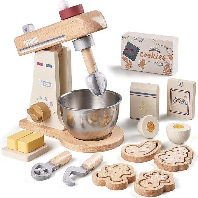 Wooden Toy Mixer for Kids Play Kitchen Accessories Wooden Play Food Sets with Whisk