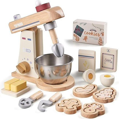 Wooden Toy Mixer for Kids Play Kitchen Accessories Wooden Play Food Sets with Whisk