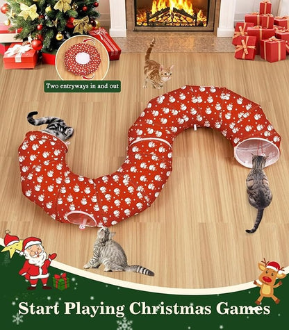 Cat Tunnel Bed Under Christmas Tree, 35.4'' Christmas Cat Toy Circle Tunnel with Ball