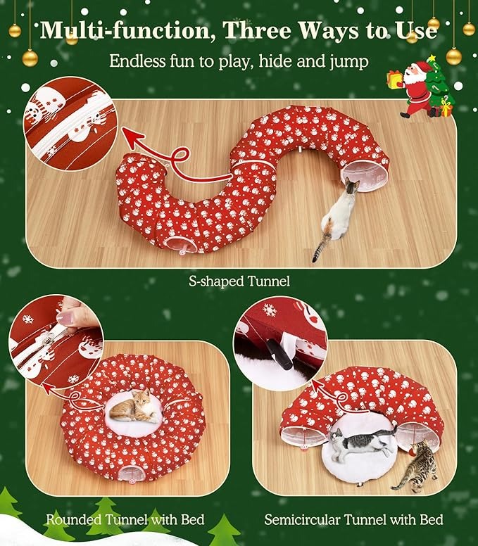Cat Tunnel Bed Under Christmas Tree, 35.4'' Christmas Cat Toy Circle Tunnel with Ball