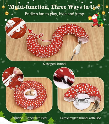 Cat Tunnel Bed Under Christmas Tree, 35.4'' Christmas Cat Toy Circle Tunnel with Ball