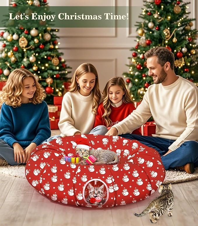 Cat Tunnel Bed Under Christmas Tree, 35.4'' Christmas Cat Toy Circle Tunnel with Ball