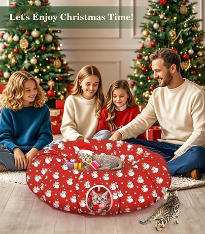 Cat Tunnel Bed Under Christmas Tree, 35.4'' Christmas Cat Toy Circle Tunnel with Ball