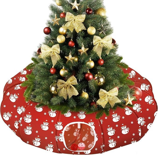 Cat Tunnel Bed Under Christmas Tree, 35.4'' Christmas Cat Toy Circle Tunnel with Ball