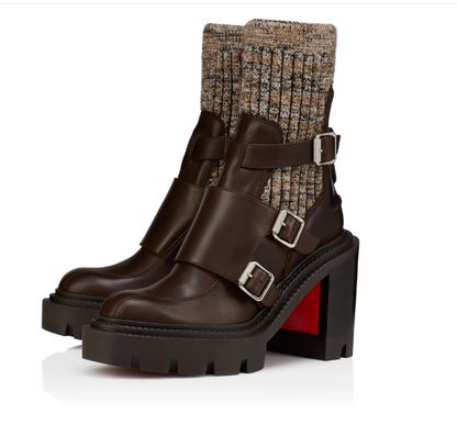 Ribbed-knit Trimmed Leather Ankle Boots