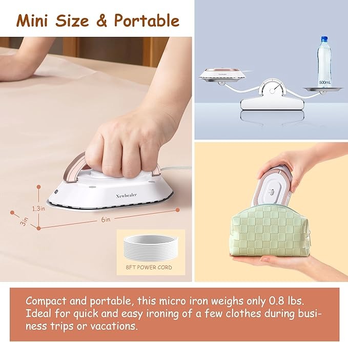Travel Iron with Dual Voltage - 120V/220V Lightweight Dry Iron for Clothes (No Steam),