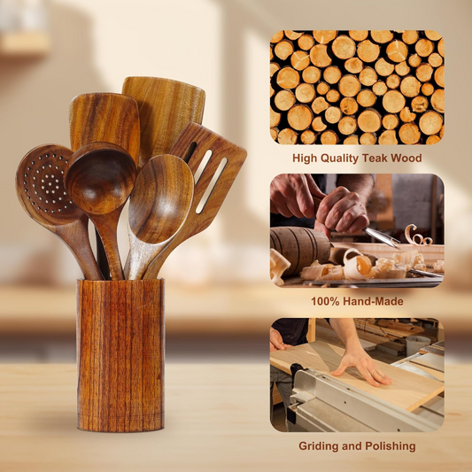 6-Piece Teak Wooden Cooking Utensil Set For The Kitchen
