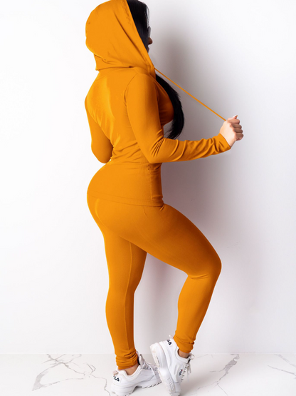Casual Solid Color Hooded Two-piece Set